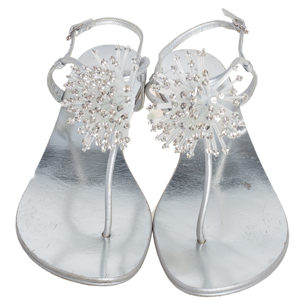 Giuseppe Zanotti Silver Leather Crystal Embellished Thong Flats Size 38.5