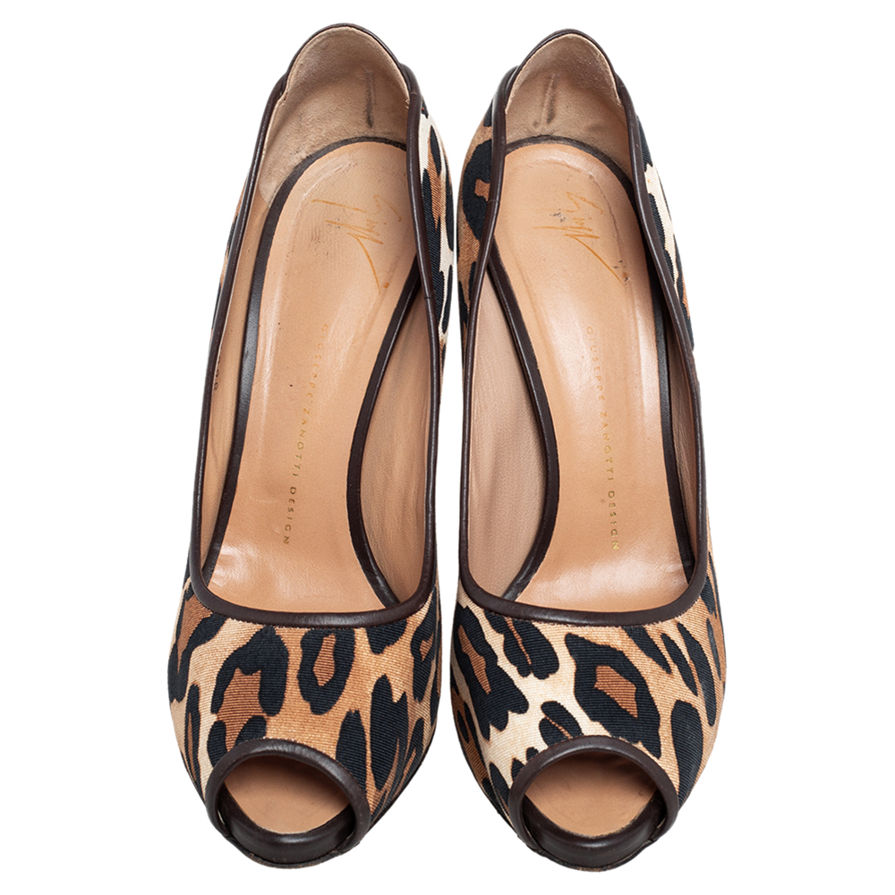 Giuseppe Zanotti Leopard Print Canvas And Leather Trim Peep Toe Pumps Size 41