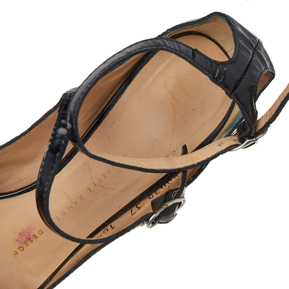 Giuseppe Zanotti Black Leather Embellished Heel Ankle Strap Sandals Size 37