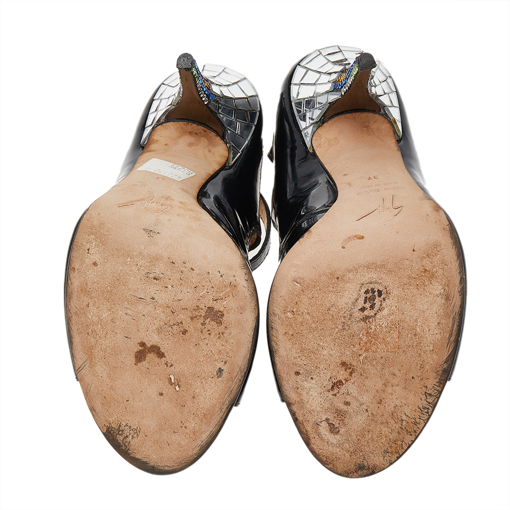 Giuseppe Zanotti Black Leather Embellished Heel Ankle Strap Sandals Size 37