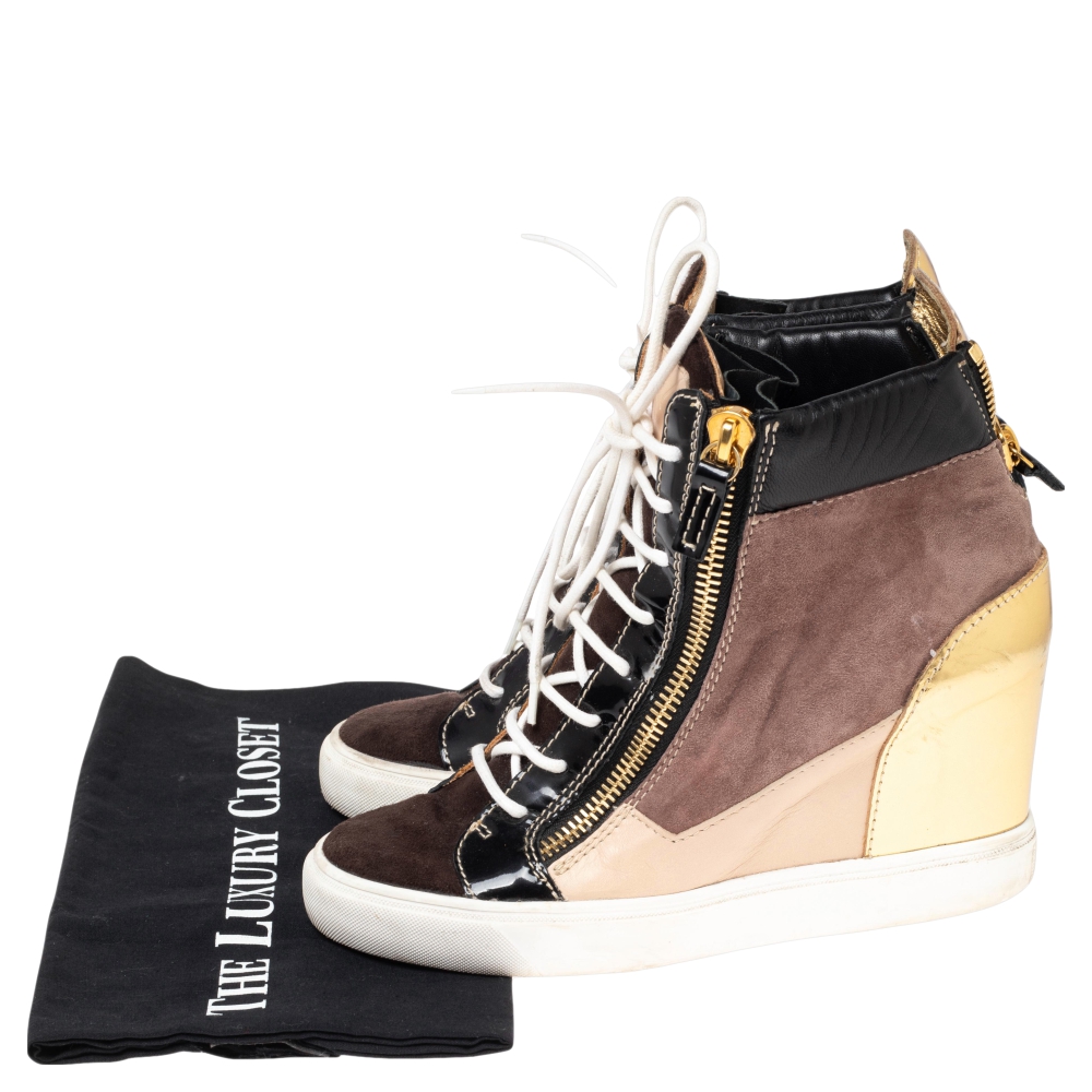 Giuseppe Zanotti Multicolor Leather And Suede High Top Wedge Sneakers Size 39