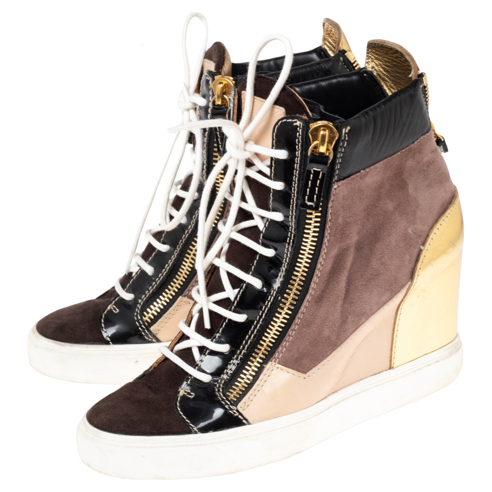 Giuseppe Zanotti Multicolor Leather And Suede High Top Wedge Sneakers Size 39
