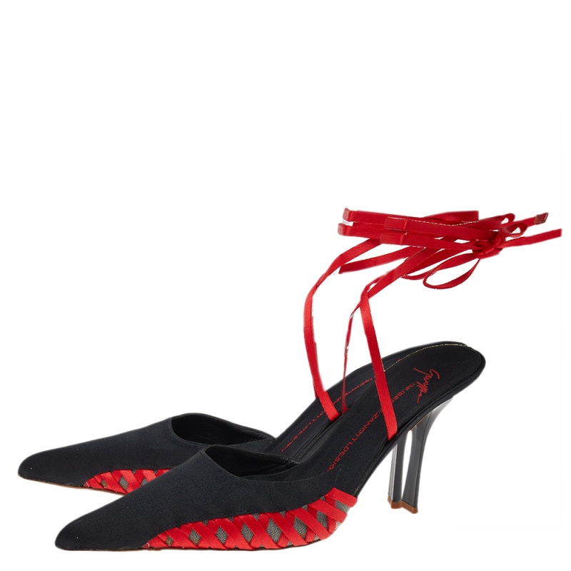Giuseppe Zanotti Black/Red Satin And Mesh Ankle Wrap Sandals Size 40