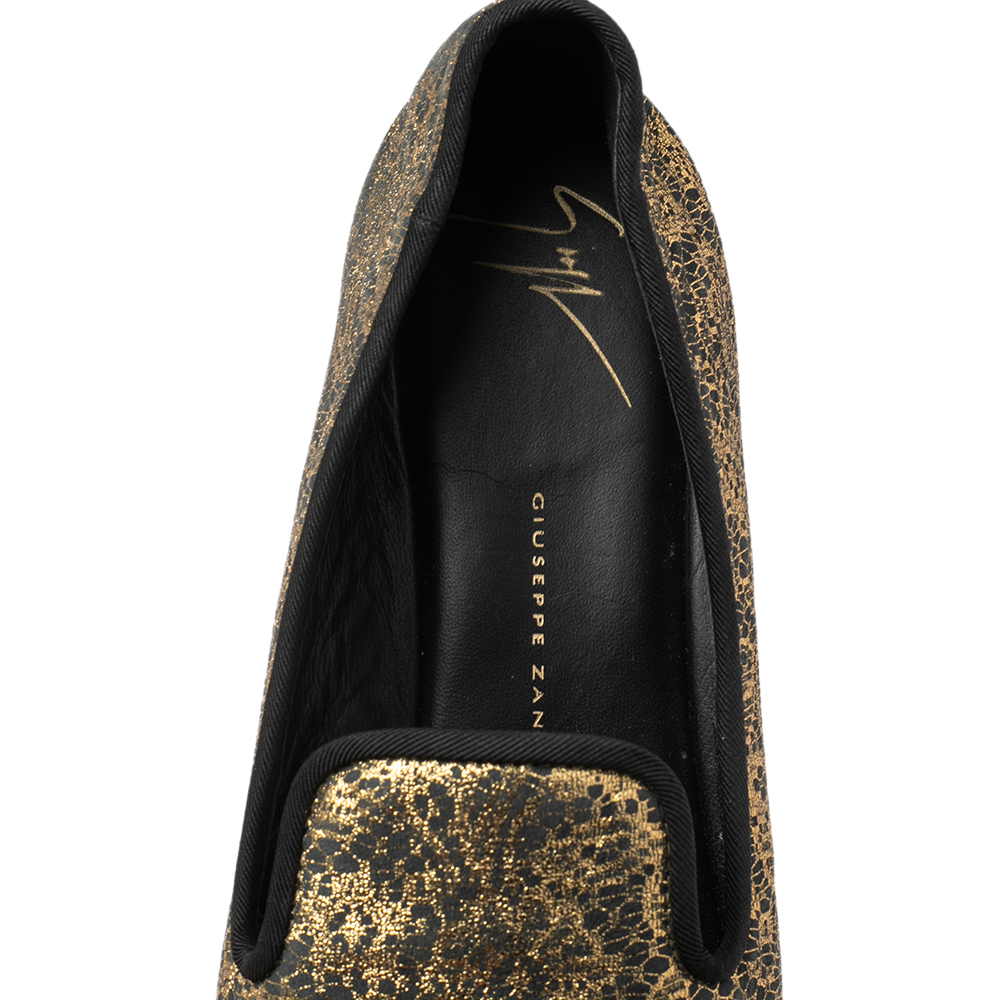 Giuseppe Zanotti Gold/Black Lace Print Suede Smoking Slipper Size 36.5