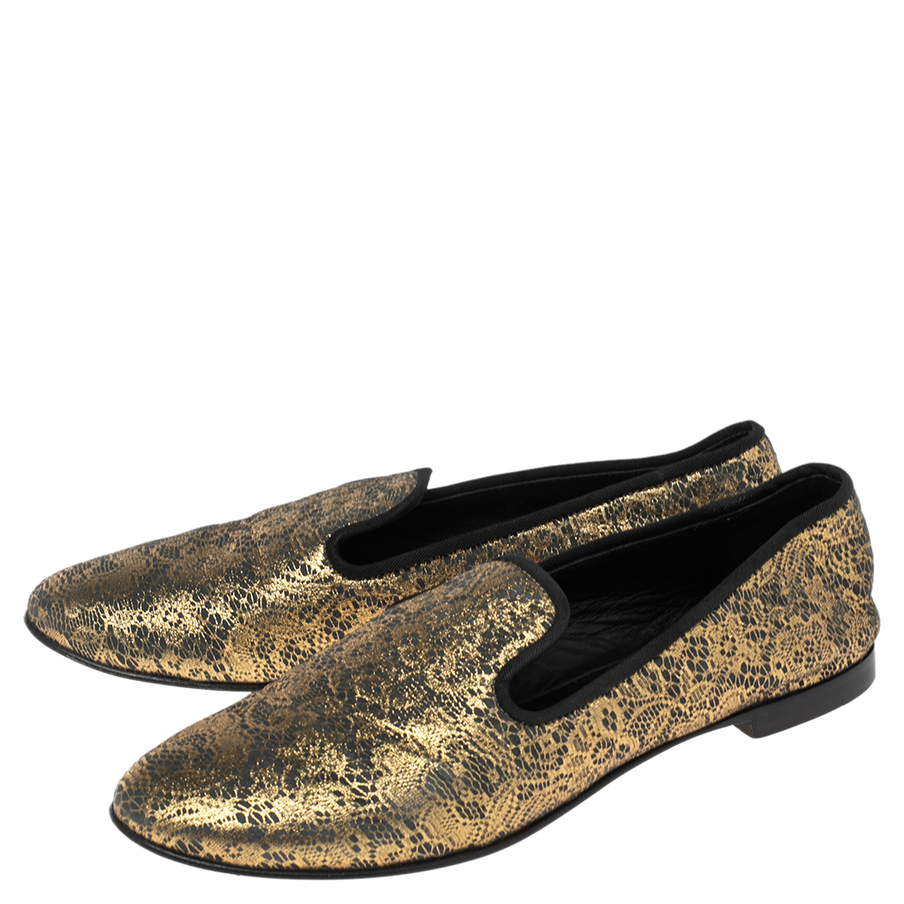 Giuseppe Zanotti Gold/Black Lace Print Suede Smoking Slipper Size 36.5
