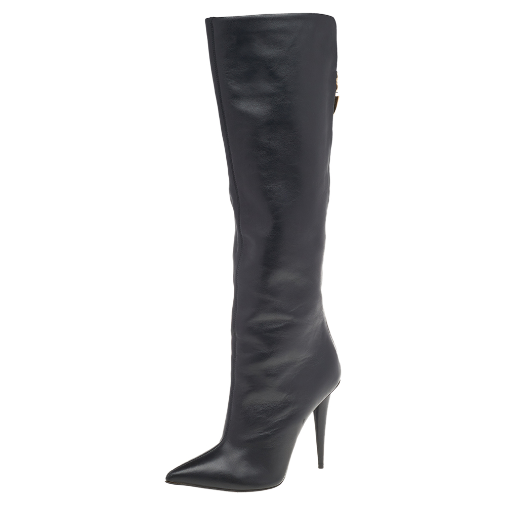 Giuseppe Zanotti Black Leather Pointed Toe Knee Length Boots Size 38.5