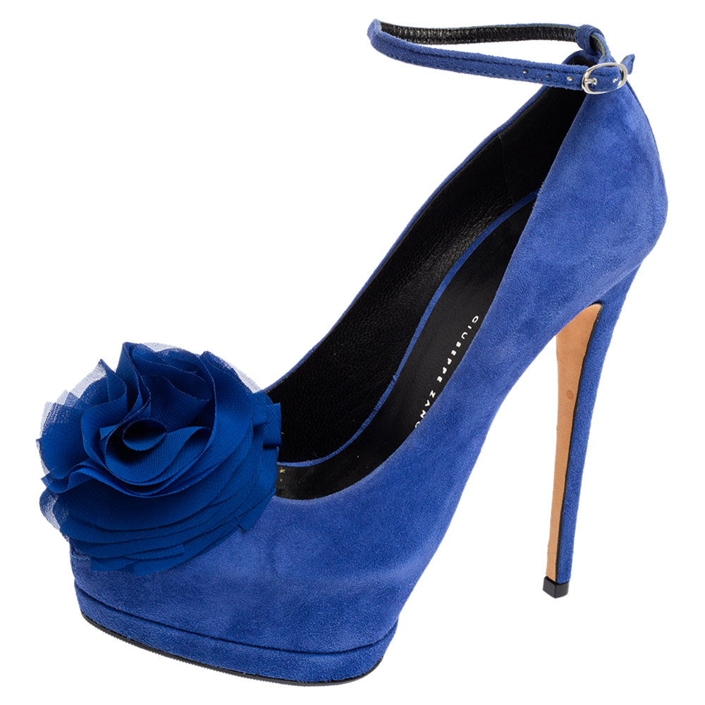 Giuseppe zanotti blue suede flower detailed peep toe platform pumps size 36.5