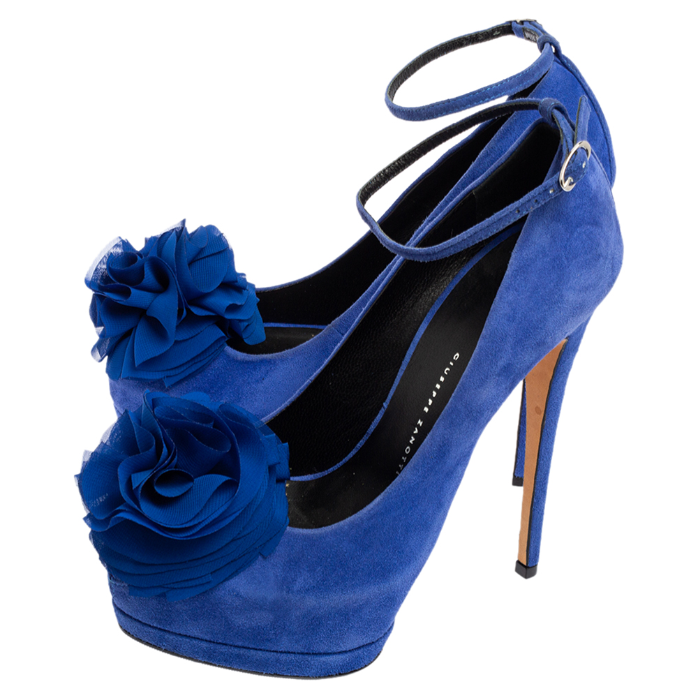 Giuseppe Zanotti Blue Suede Flower Detailed Peep Toe Platform Pumps Size 36.5