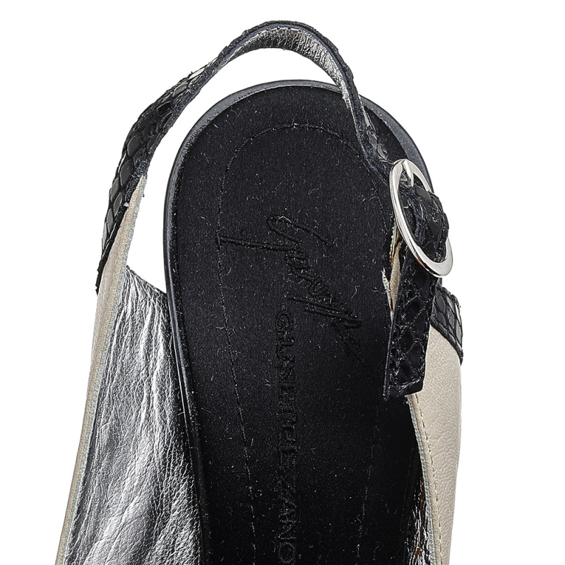 Giuseppe Zanotti Beige/Black Leather And Python Embossed Leather Embellished Slingback Sandals Size 37.5