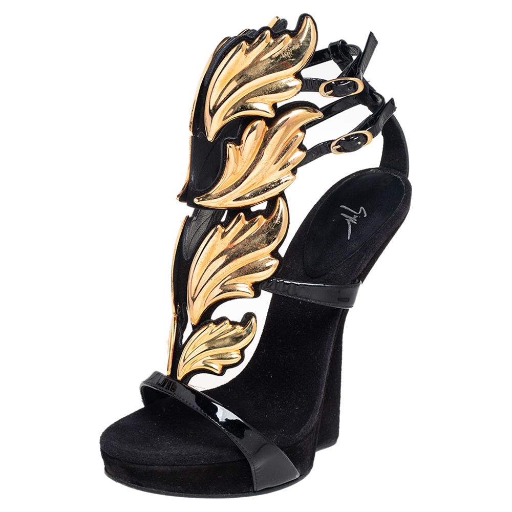 Giuseppe Zanotti Black Patent Leather And Suede Argent Metal Wing Embellished Strappy Sandals Size 37
