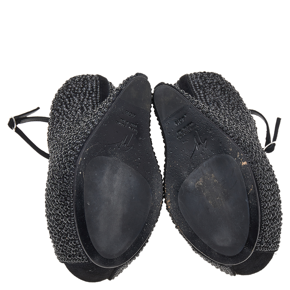 Giuseppe Zanotti Black Crystal Embellished Suede Heelless Peep Toe Platform Pumps Size 40.5