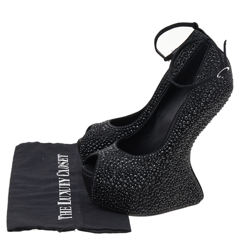 Giuseppe Zanotti Black Crystal Embellished Suede Heelless Peep Toe Platform Pumps Size 40.5