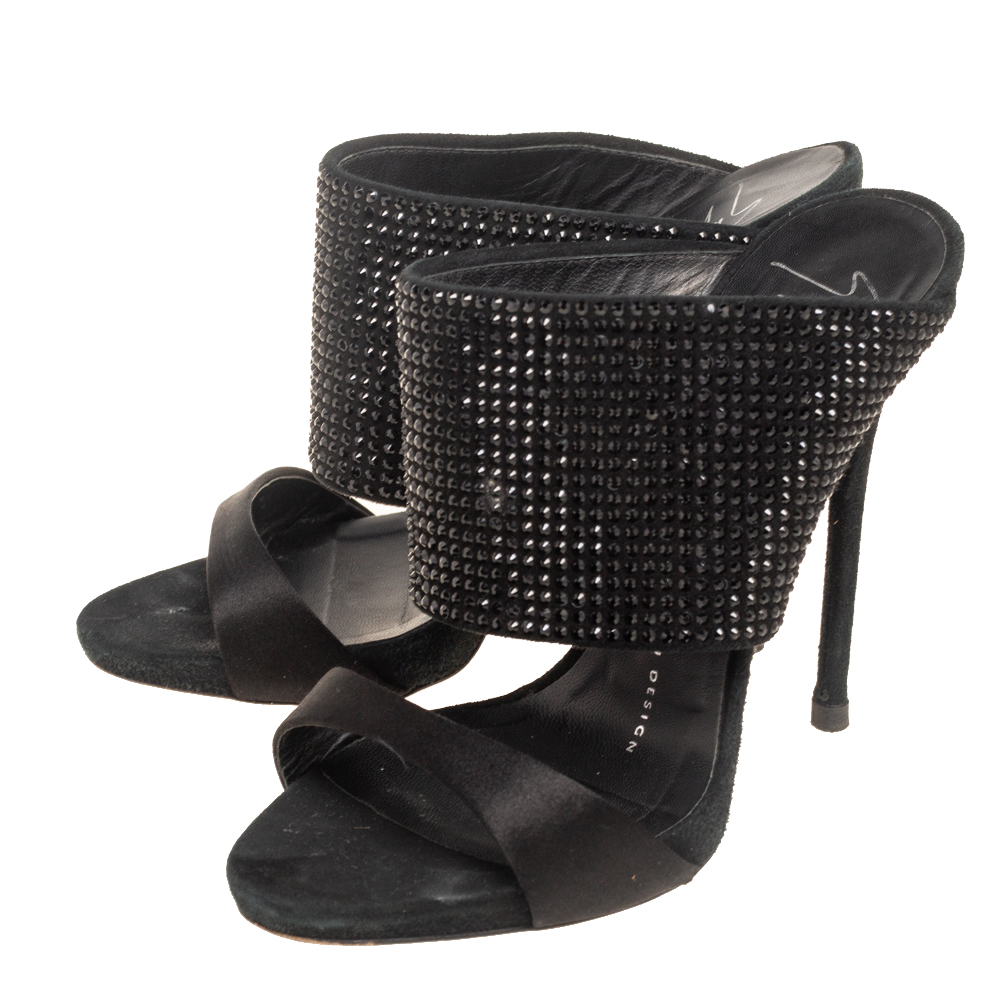 Giuseppe Zanotti Black Satin And Crystal Embellished Suede Open Toe Sandals Size 36