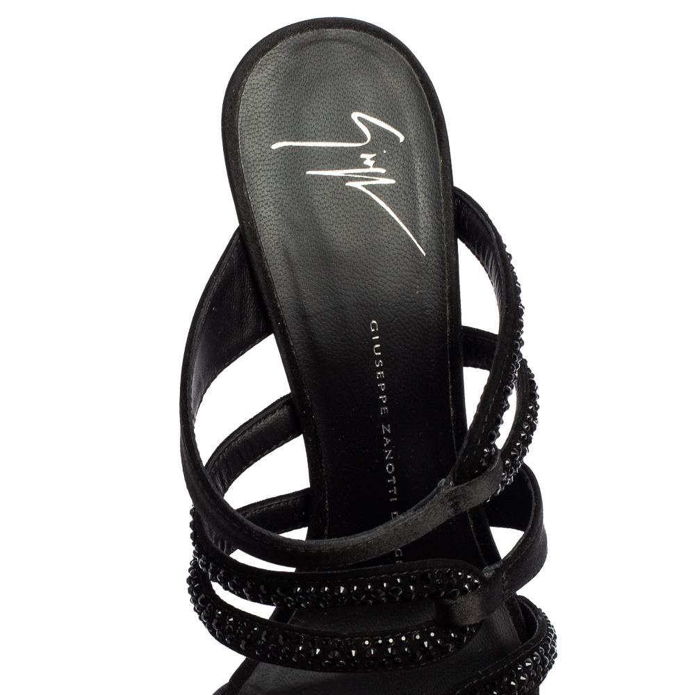 Giuseppe Zanotti Black Satin Crystal Embellished Slide Sandals Size 39