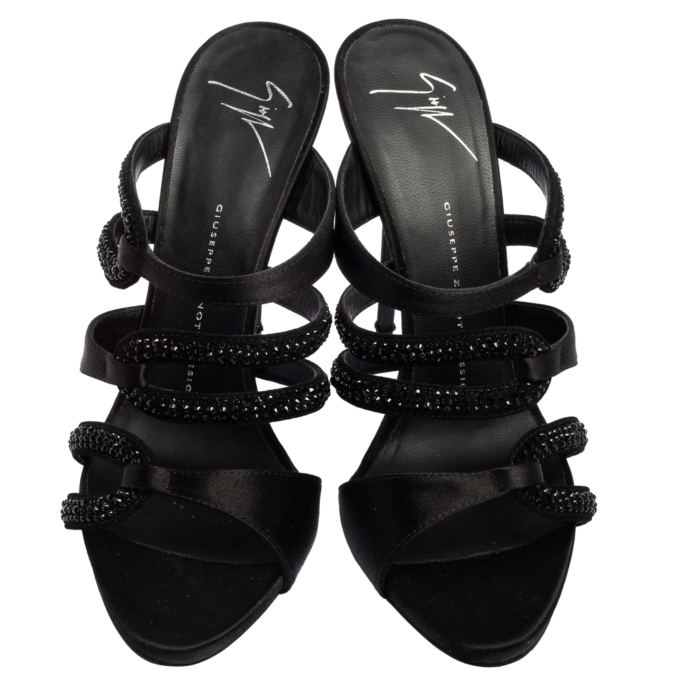 Giuseppe Zanotti Black Satin Crystal Embellished Slide Sandals Size 39