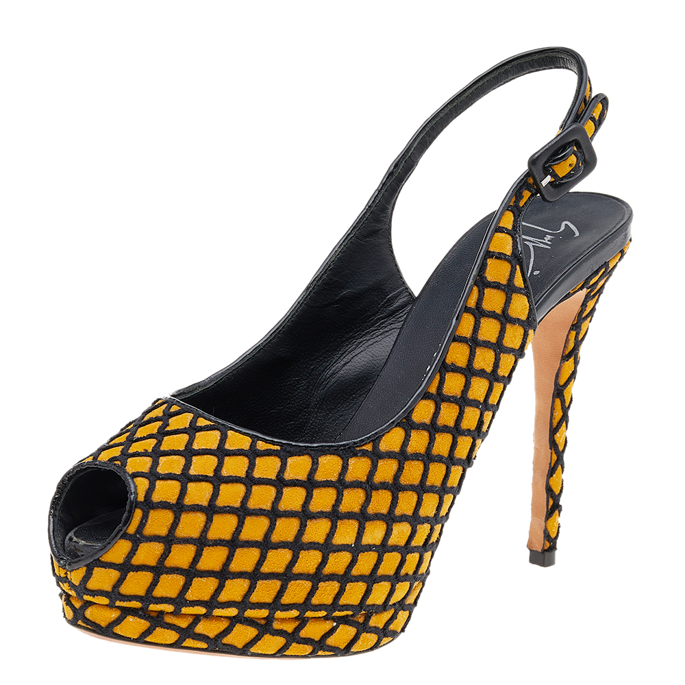 Giuseppe zanotti yellow/black suede and fabric platform peep toe slingback sandals size 38.5