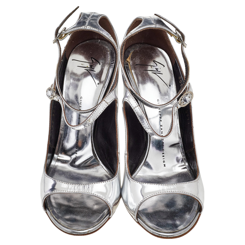Giuseppe Zanotti Metallic Silver Leather Ankle Strap Pumps Size 38.5