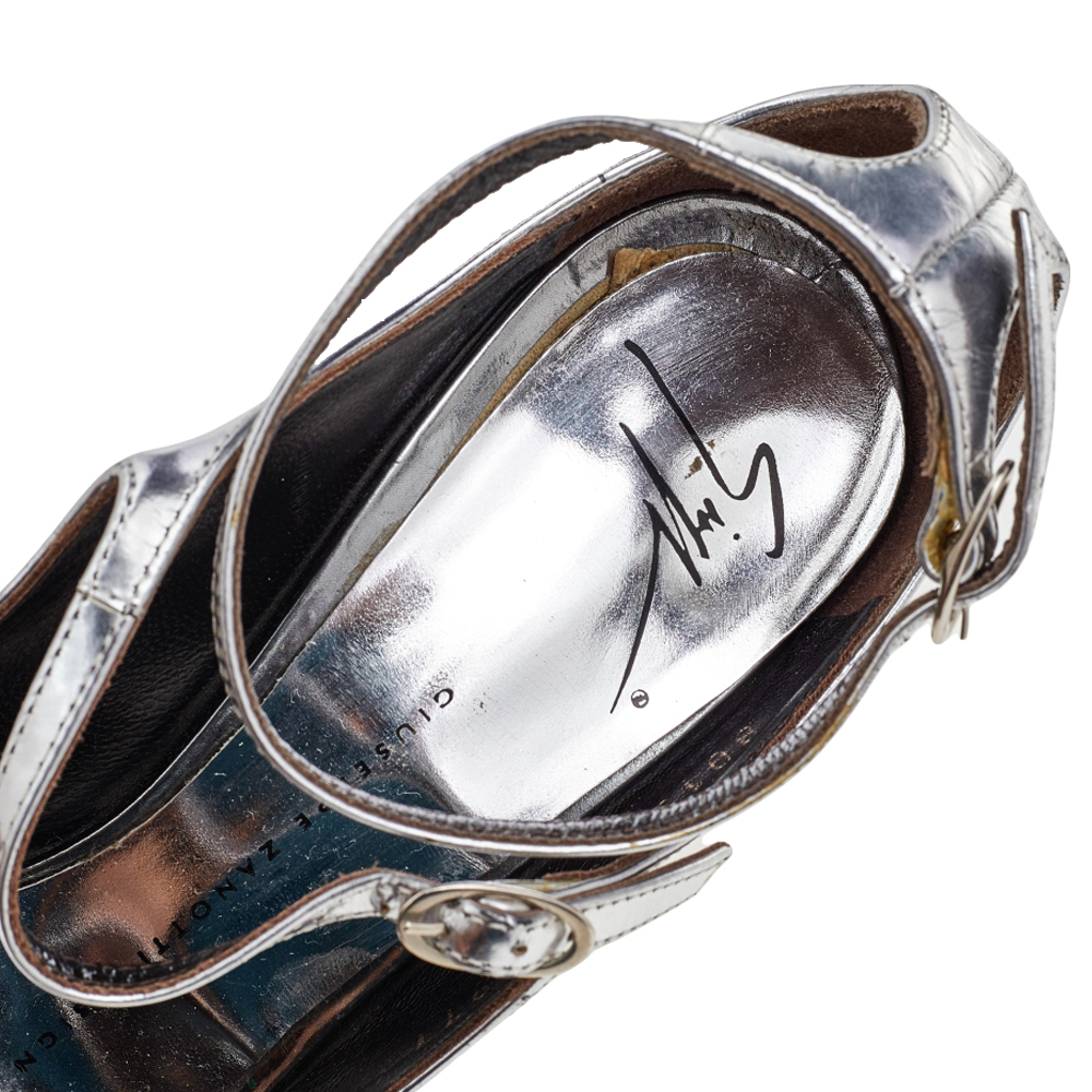 Giuseppe Zanotti Metallic Silver Leather Ankle Strap Pumps Size 38.5