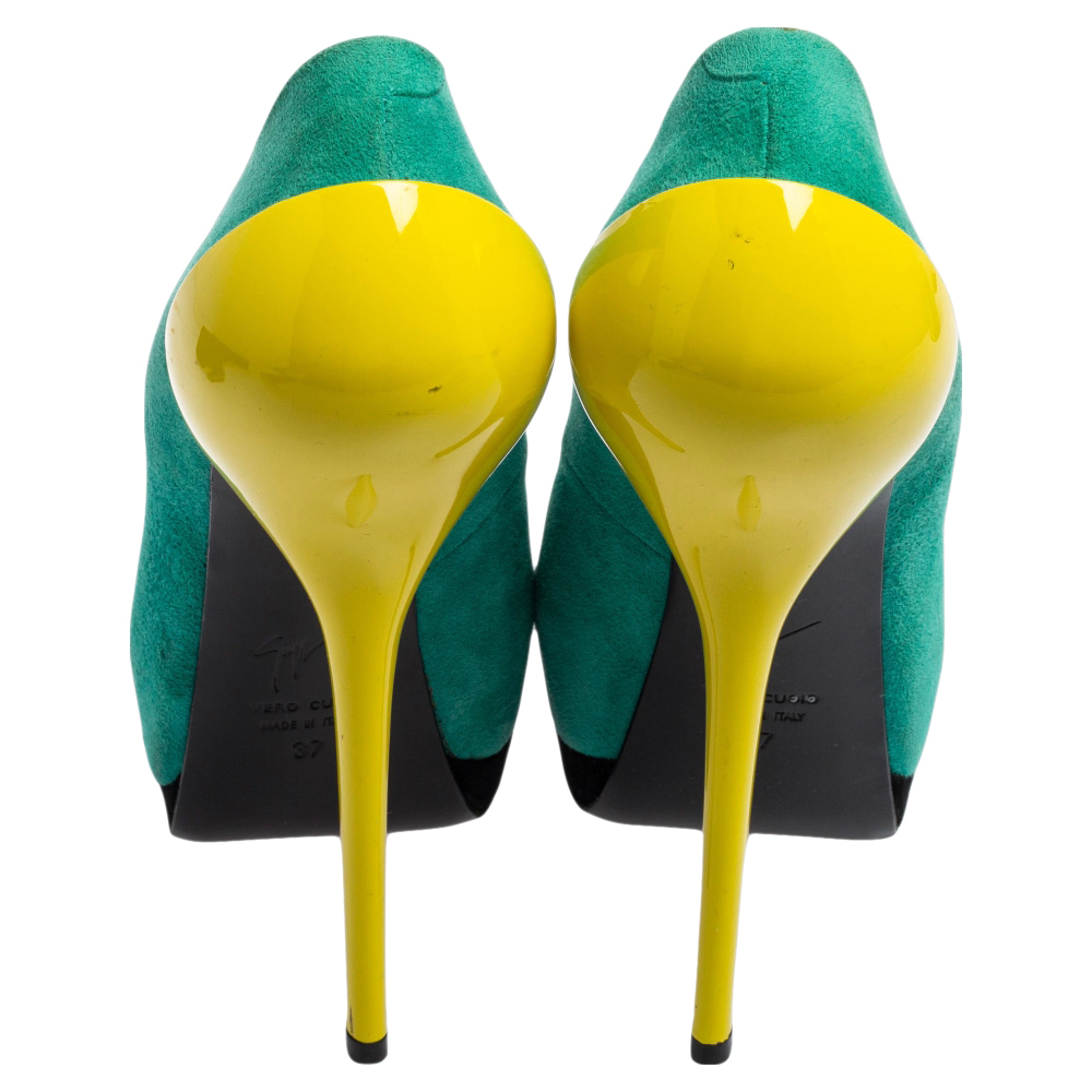 Giuseppe Zanotti Tri-Color Suede And Patent Leather Peep Toe Platform Pumps Size 37