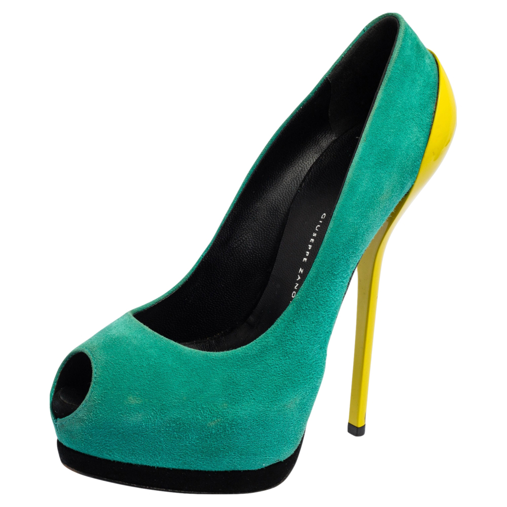 Giuseppe zanotti tri-color suede and patent leather peep toe platform pumps size 37