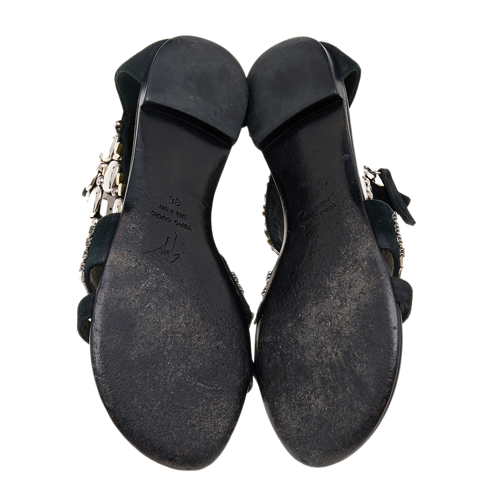Giuseppe Zanotti Black Suede Studded Ankle Cuff Flat Sandals Size 36