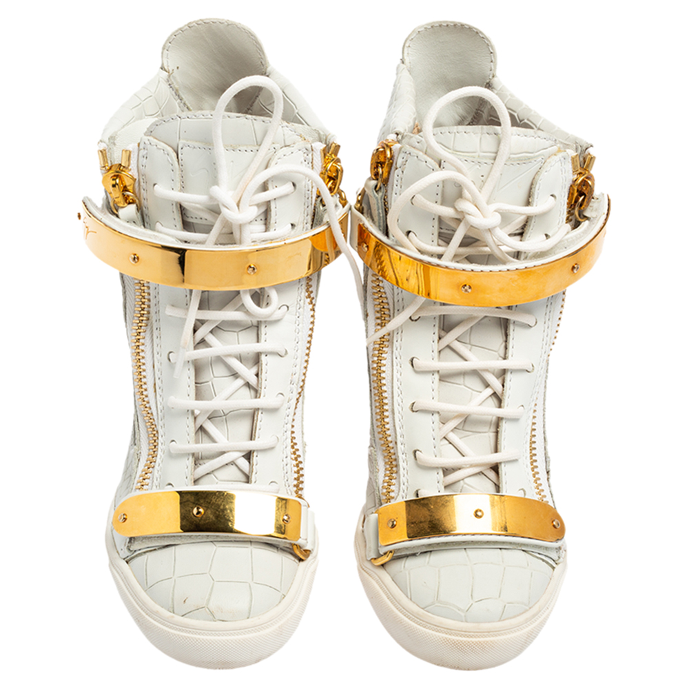 Giuseppe Zanotti White Croc Embossed Leather Coby High-Top Sneakers Size 38