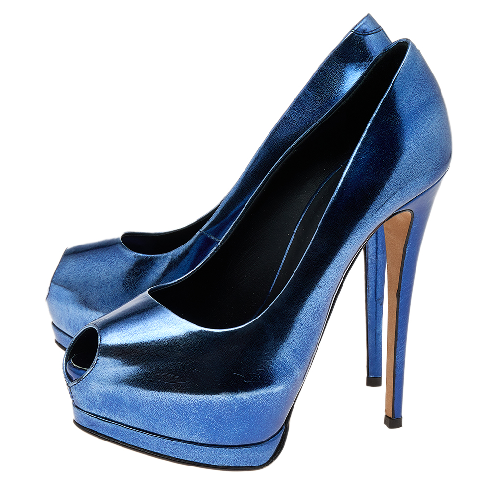 Giuseppe Zanotti Metallic Blue Leather Peep Toe Platform Pumps Size 36