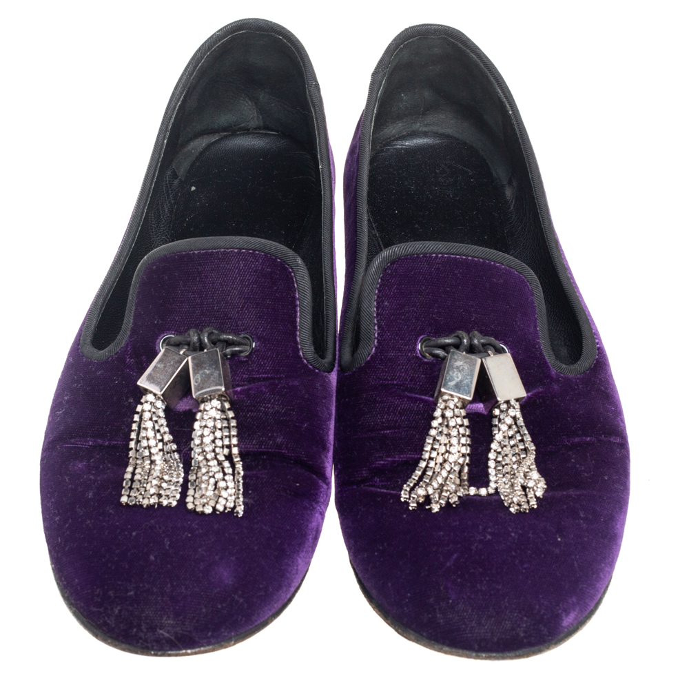 Giuseppe Zanotti  Purple Velvet Embellished Slip On Loafers Size 38