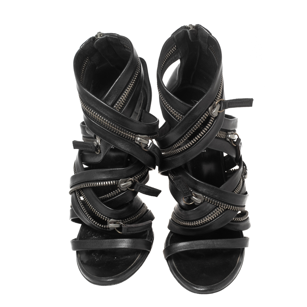 Giuseppe Zanotti For Pierre Balmain Black Leather Zip-Embellished Sandals Size 36.5