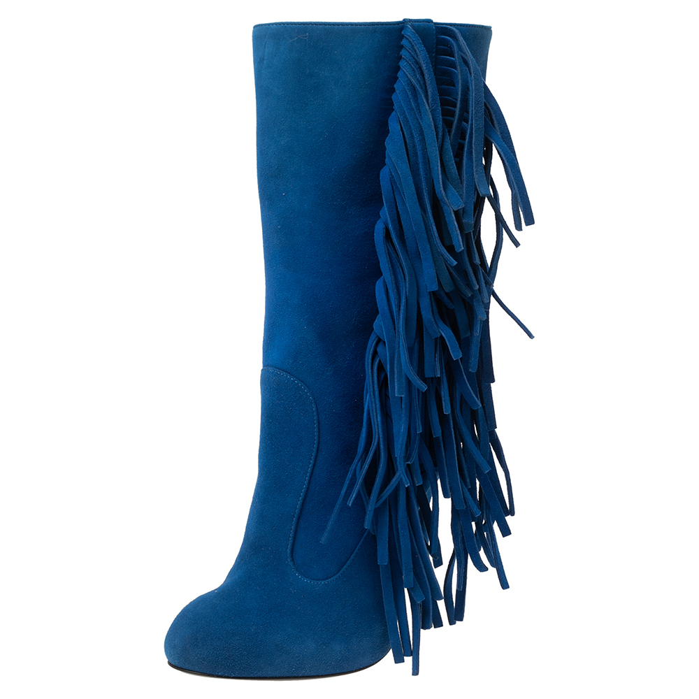 Giuseppe zanotti blue suede fringe detail mid calf boots size 37