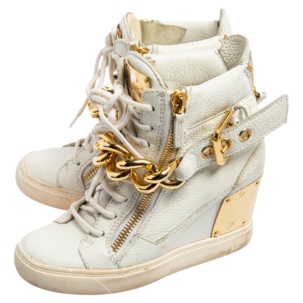 Giuseppe Zanotti White Leather Chain Detail High-Top Sneakers Size 36.5