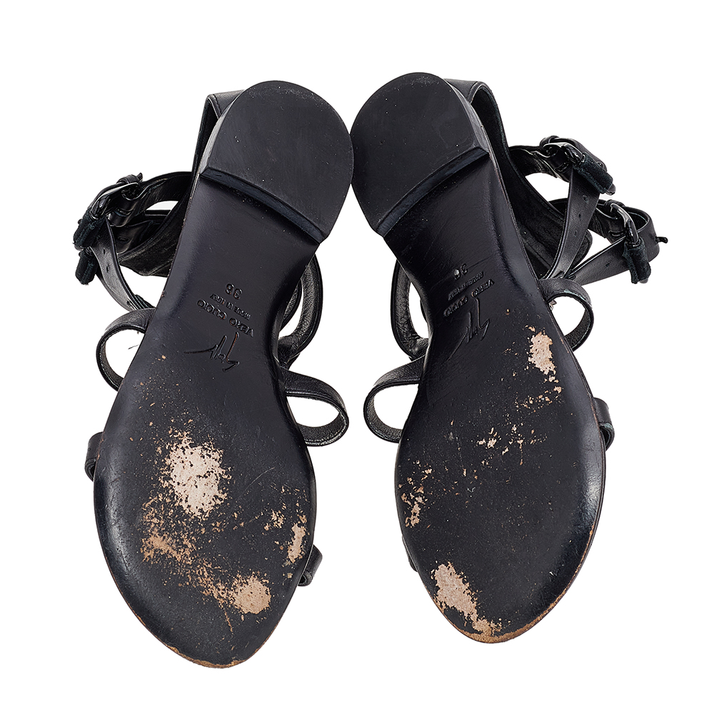 Giuseppe Zanotti Black Leather Crystal Embellished Ankle Strap Flat Sandals Size 36