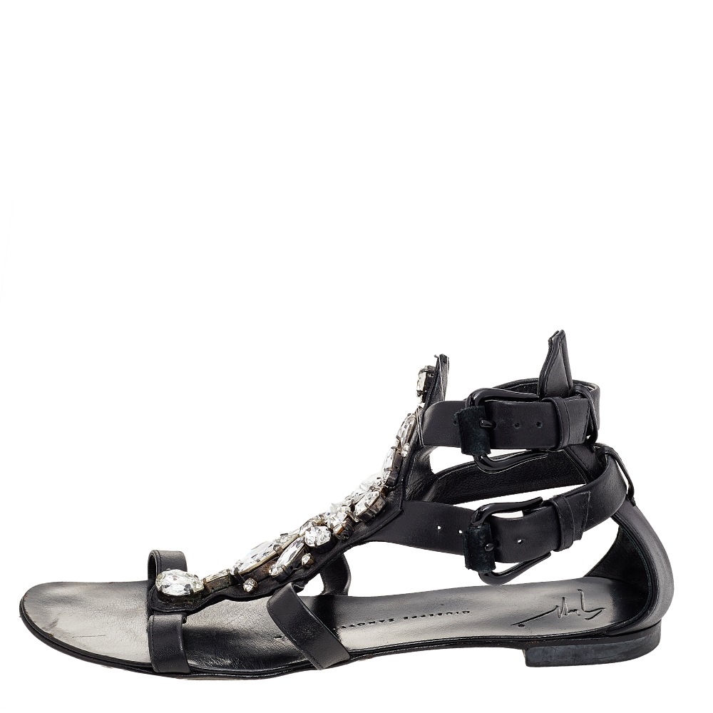 Giuseppe Zanotti Black Leather Crystal Embellished Ankle Strap Flat Sandals Size 36