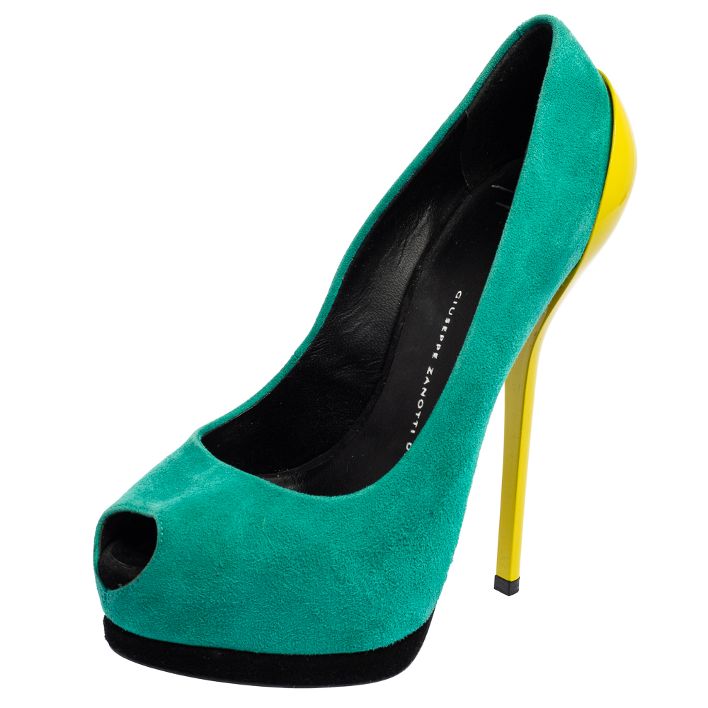 Giuseppe zanotti green/yellow suede and patent leather peep toe platform pumps size 37