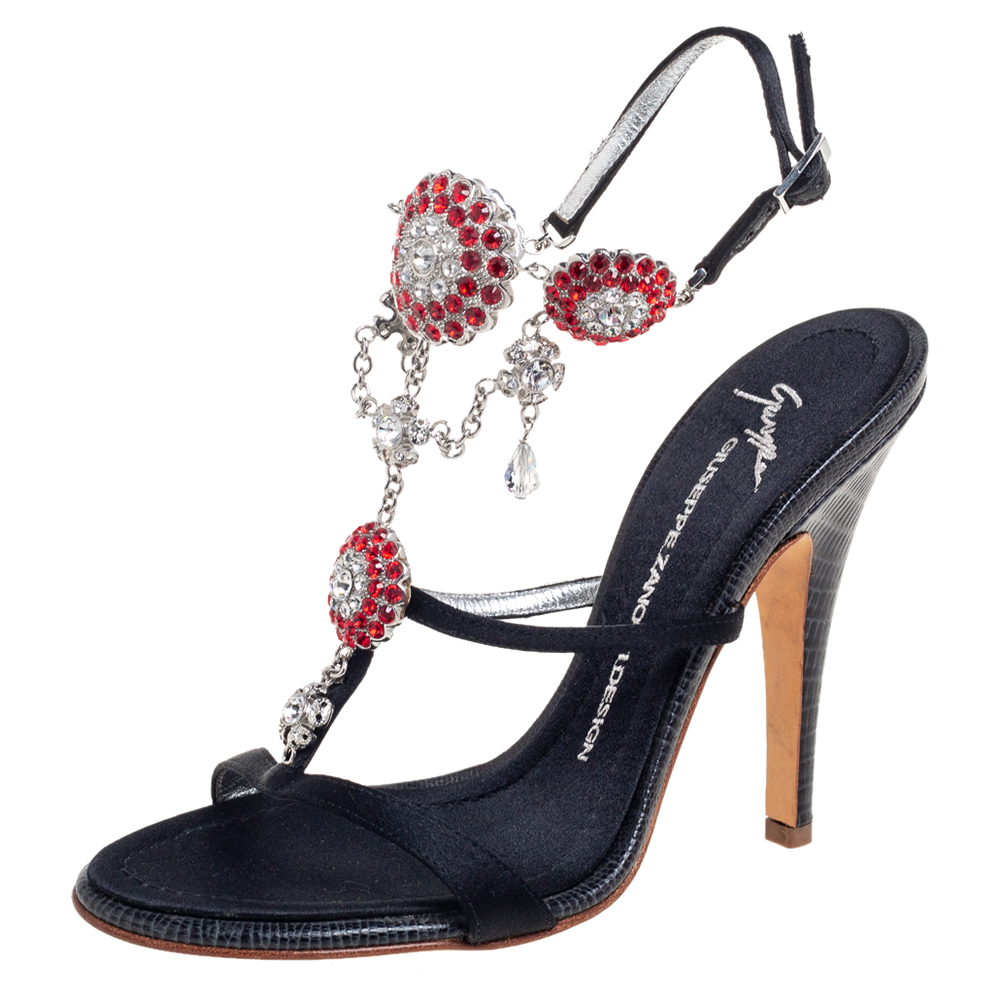 Giuseppe Zanotti Black Satin Crystal Embellished Ankle Strap Sandals Size 37.5