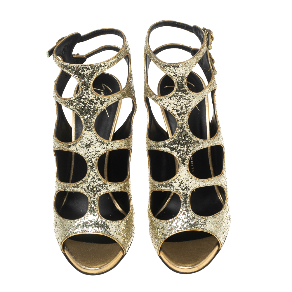 Giuseppe Zanotti Gold Glitter Cutout Ankle Sandals Size 37