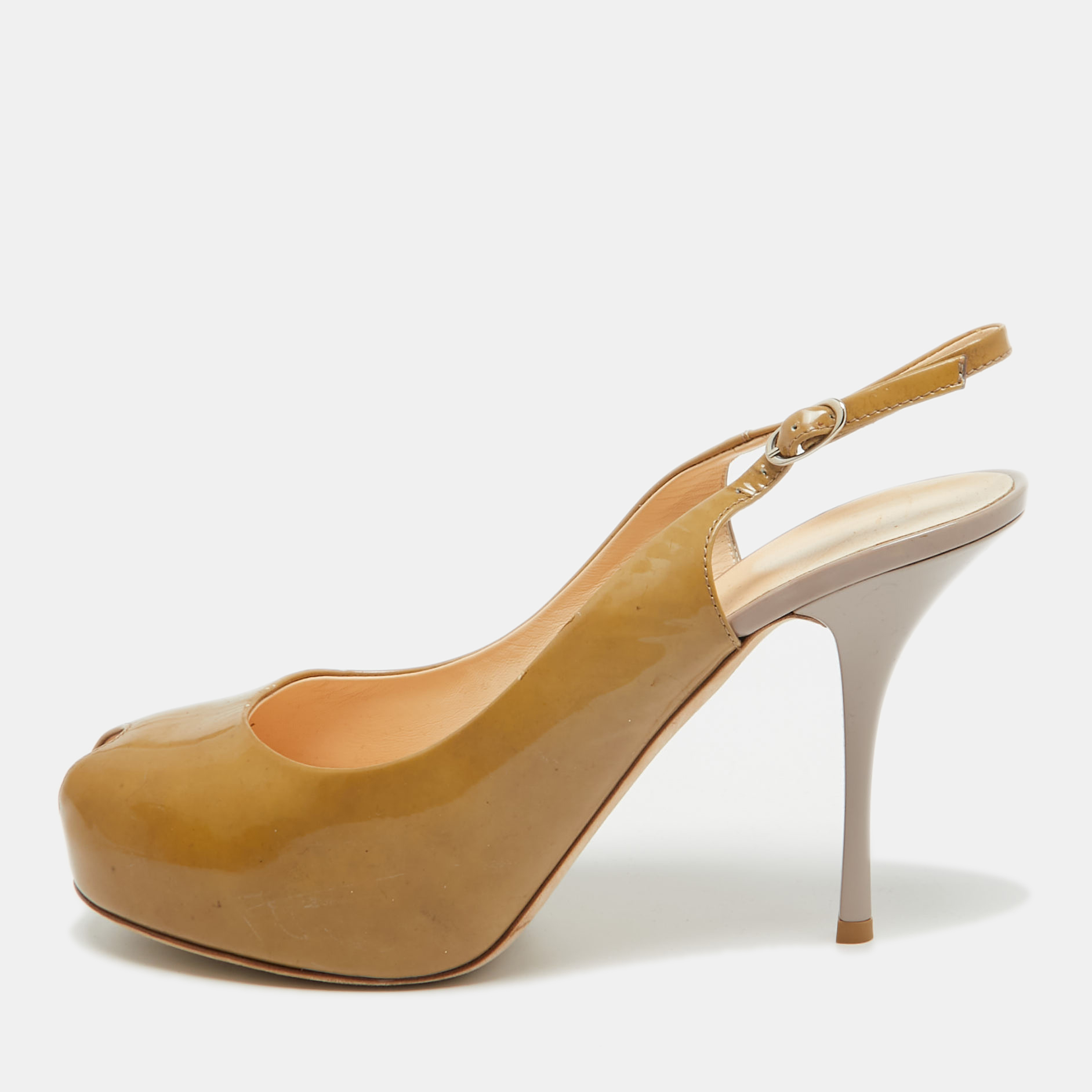 Giuseppe zanotti beige patent leather peep toe slingback pumps size 41