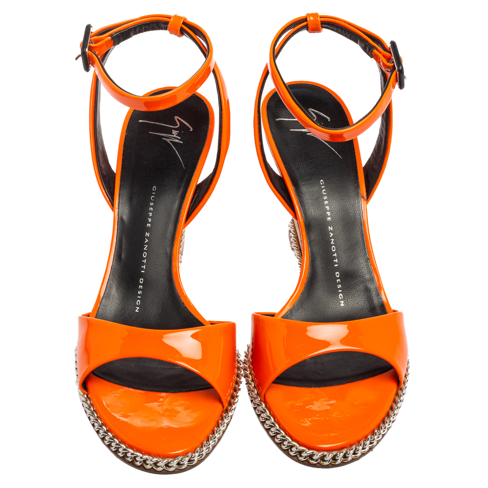 Giuseppe Zanotti Orange Patent Leather Ankle-Strap Chain Wedge Sandals Size 37
