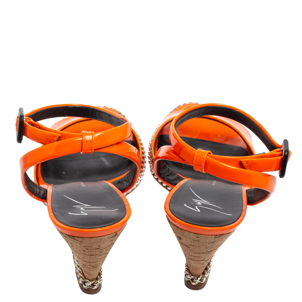 Giuseppe Zanotti Orange Patent Leather Ankle-Strap Chain Wedge Sandals Size 37
