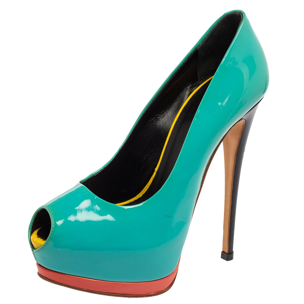 Giuseppe zanotti turquoise patent leather peep-toe platform pumps size 36