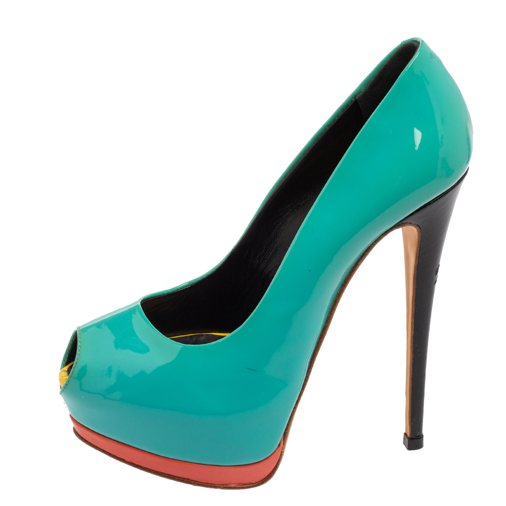 Giuseppe Zanotti Turquoise Patent Leather Peep-Toe Platform Pumps Size 36