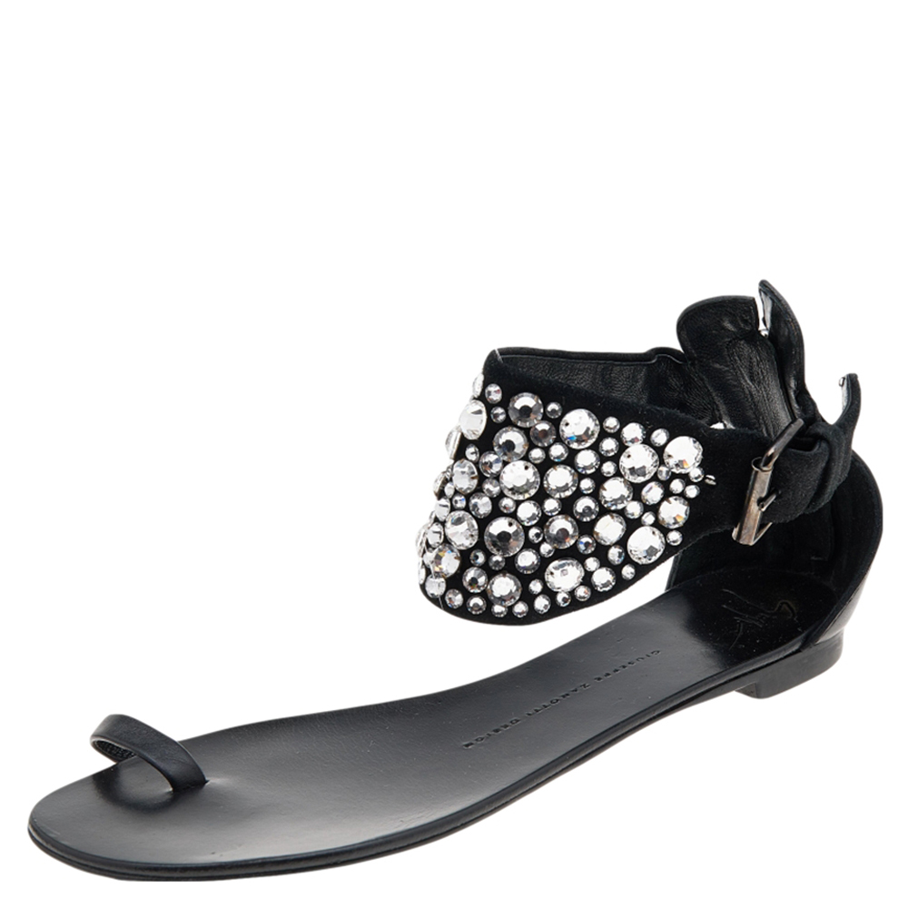 Giuseppe zanotti black satin and leather embellished ankle wrap flat sandals size 37