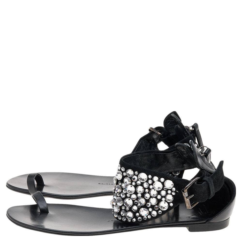Giuseppe Zanotti Black Satin And Leather Embellished Ankle Wrap Flat Sandals Size 37