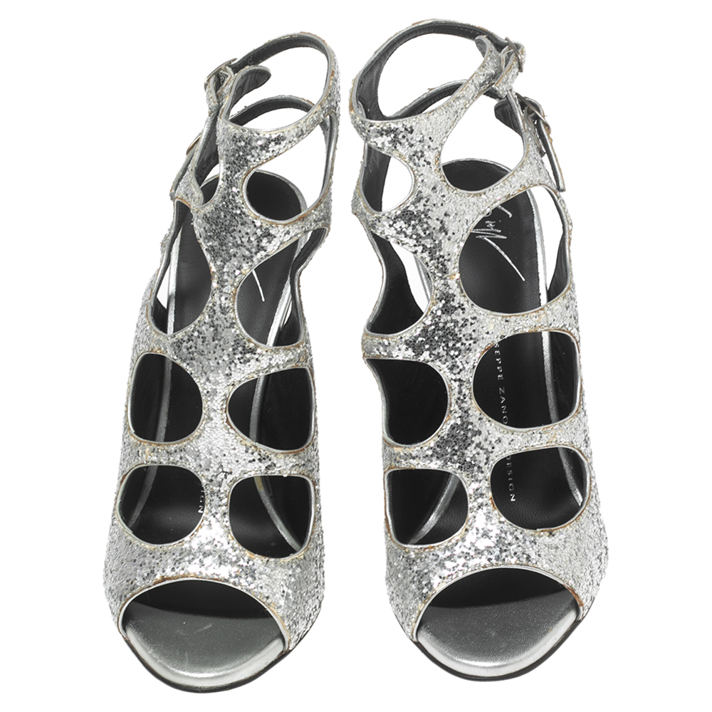 Giuseppe Zanotti Silver Glitter Cut Out Ankle Sandals Size 37