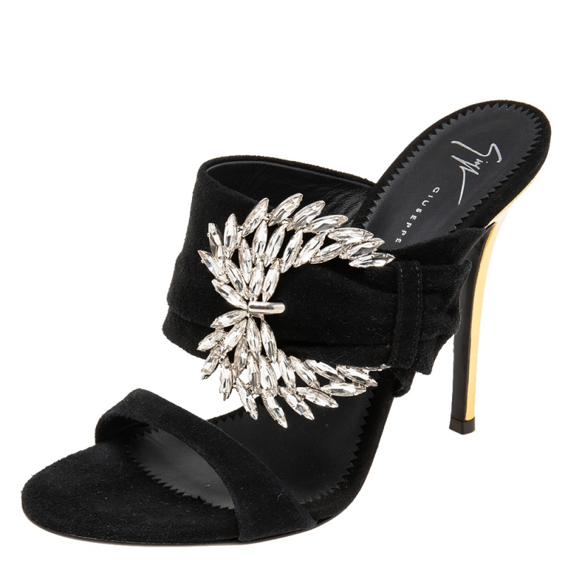 Giuseppe zanotti black suede crystal embellished wing buckle slide sandals size 37.5