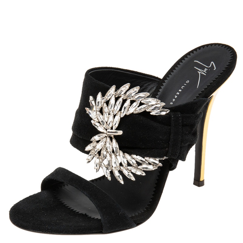 Giuseppe Zanotti Black Suede Crystal Embellished Wing Buckle Slide Sandals Size 37.5