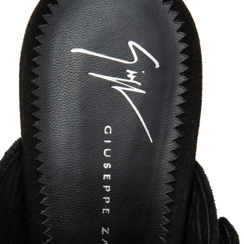 Giuseppe Zanotti Black Suede Crystal Embellished Wing Buckle Slide Sandals Size 37.5