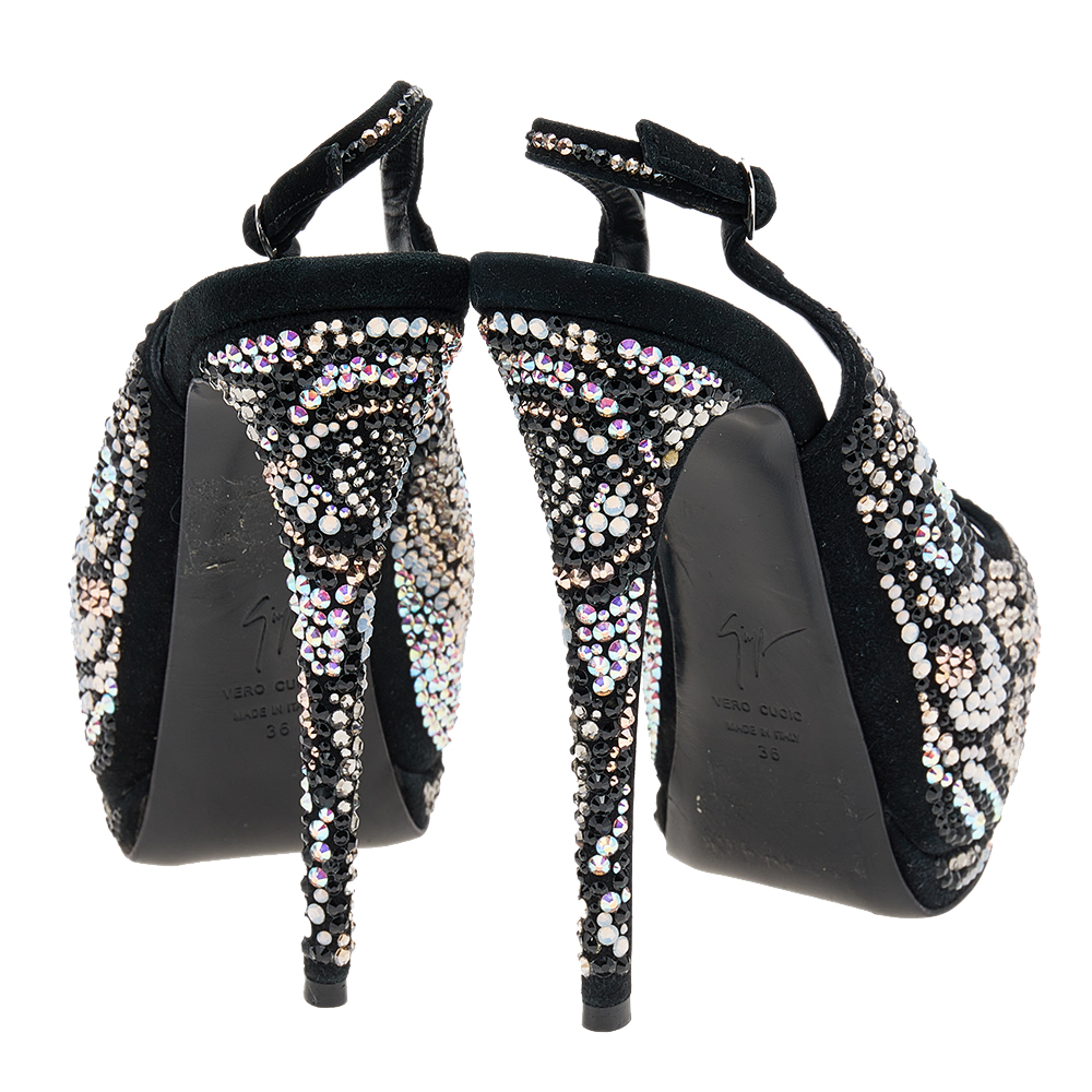 Giuseppe Zanotti Black Suede Crystal Embellished Sharon Peep Toe Platform Sandals Size 36