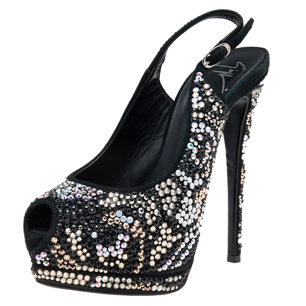 Giuseppe zanotti black suede crystal embellished sharon peep toe platform sandals size 36
