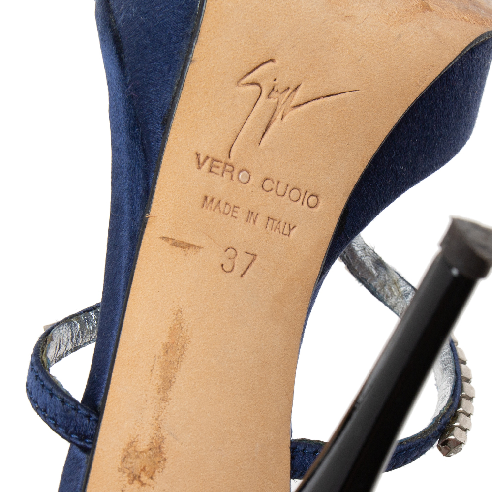 Giuseppe Zanotti Navy Blue Satin Crystal Embellished Platform Slide Sandals Size 37